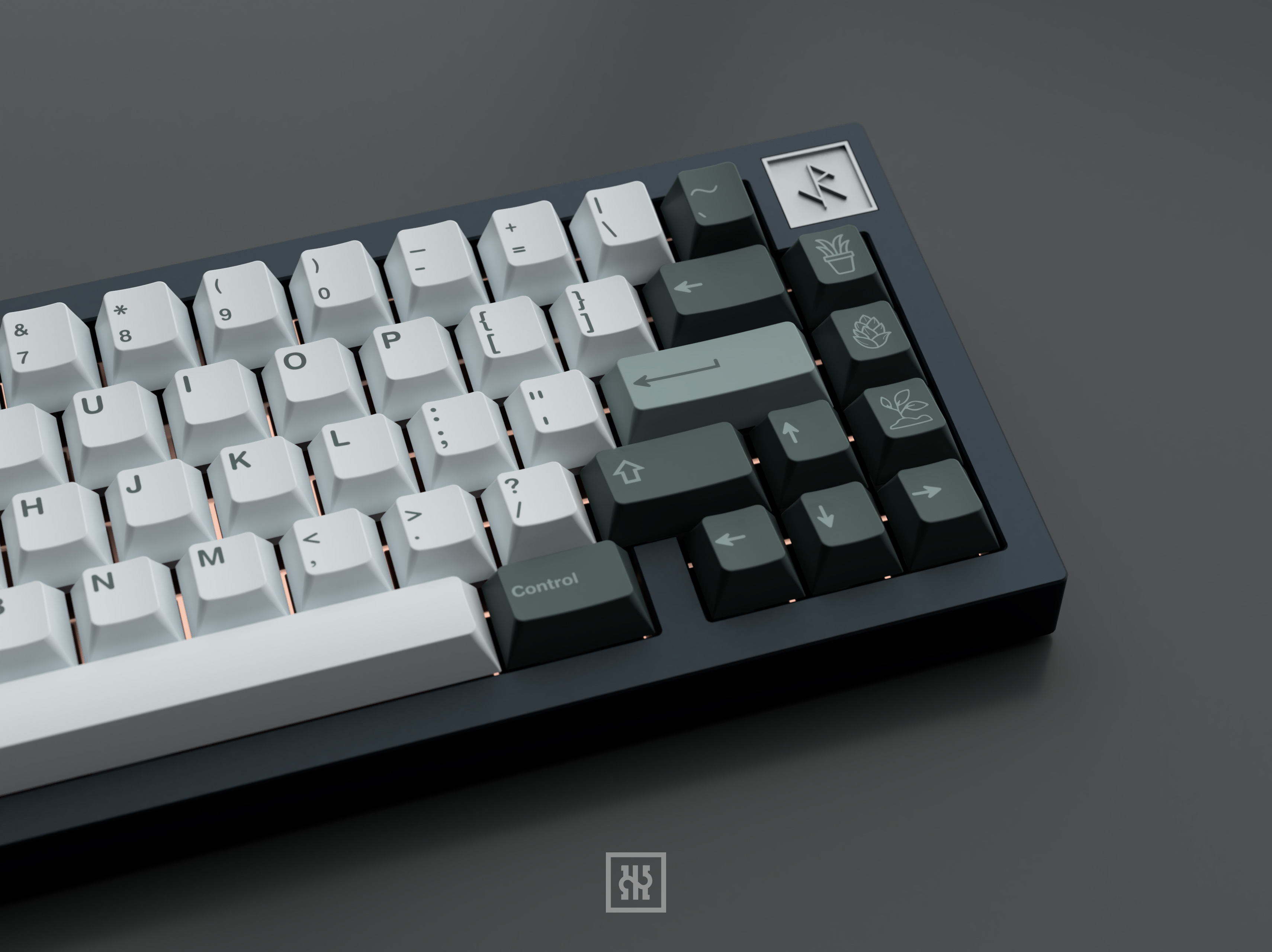 white and green keycaps on graphite color keyboard