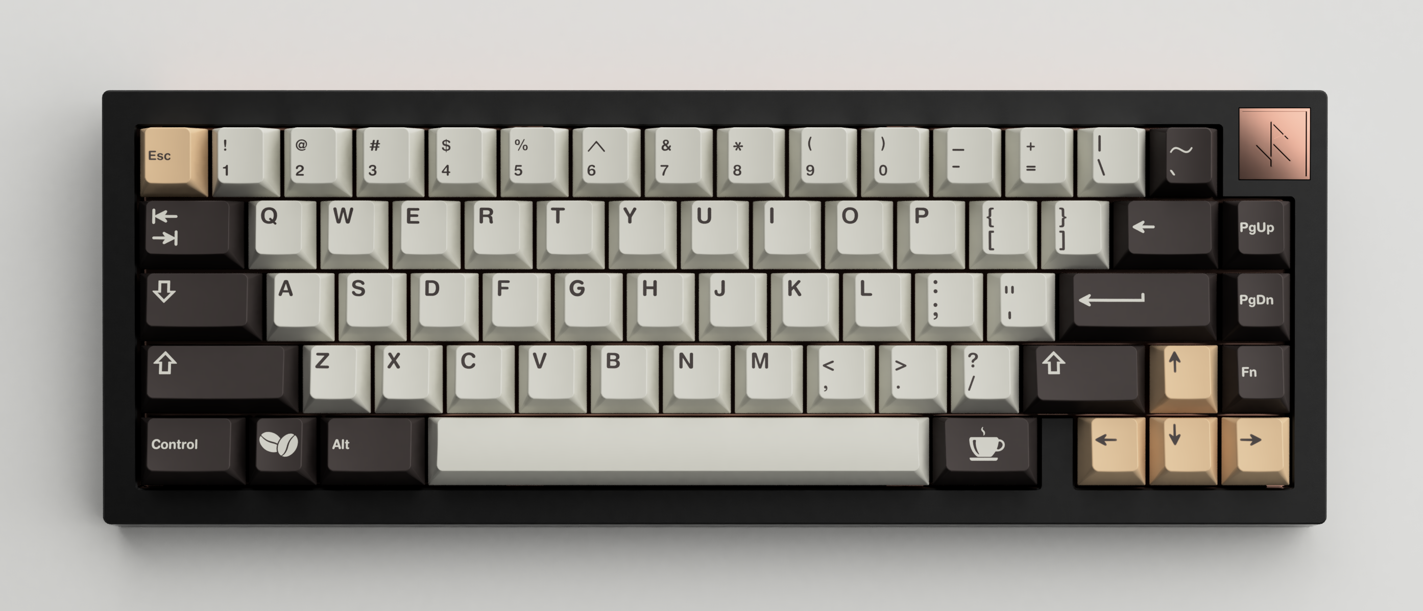 rectangular keyboard with cafe style keycaps and a runic badge