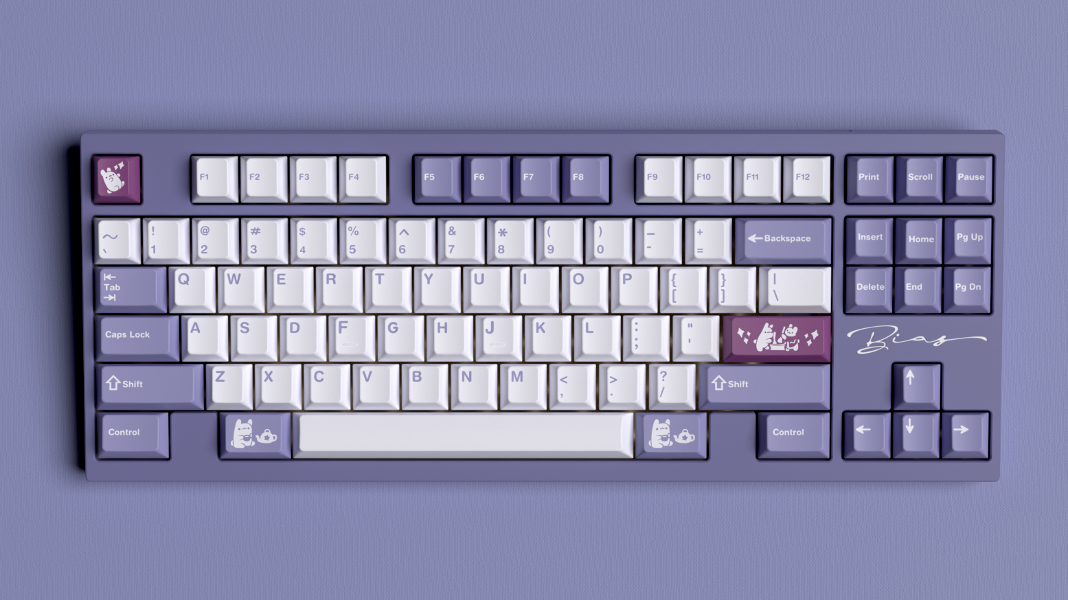 purple keyboard with white and purple keycaps